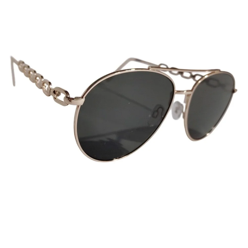 Gold Chain‎ Detail Oval Sunglasses Dark Lenses Aviator Style